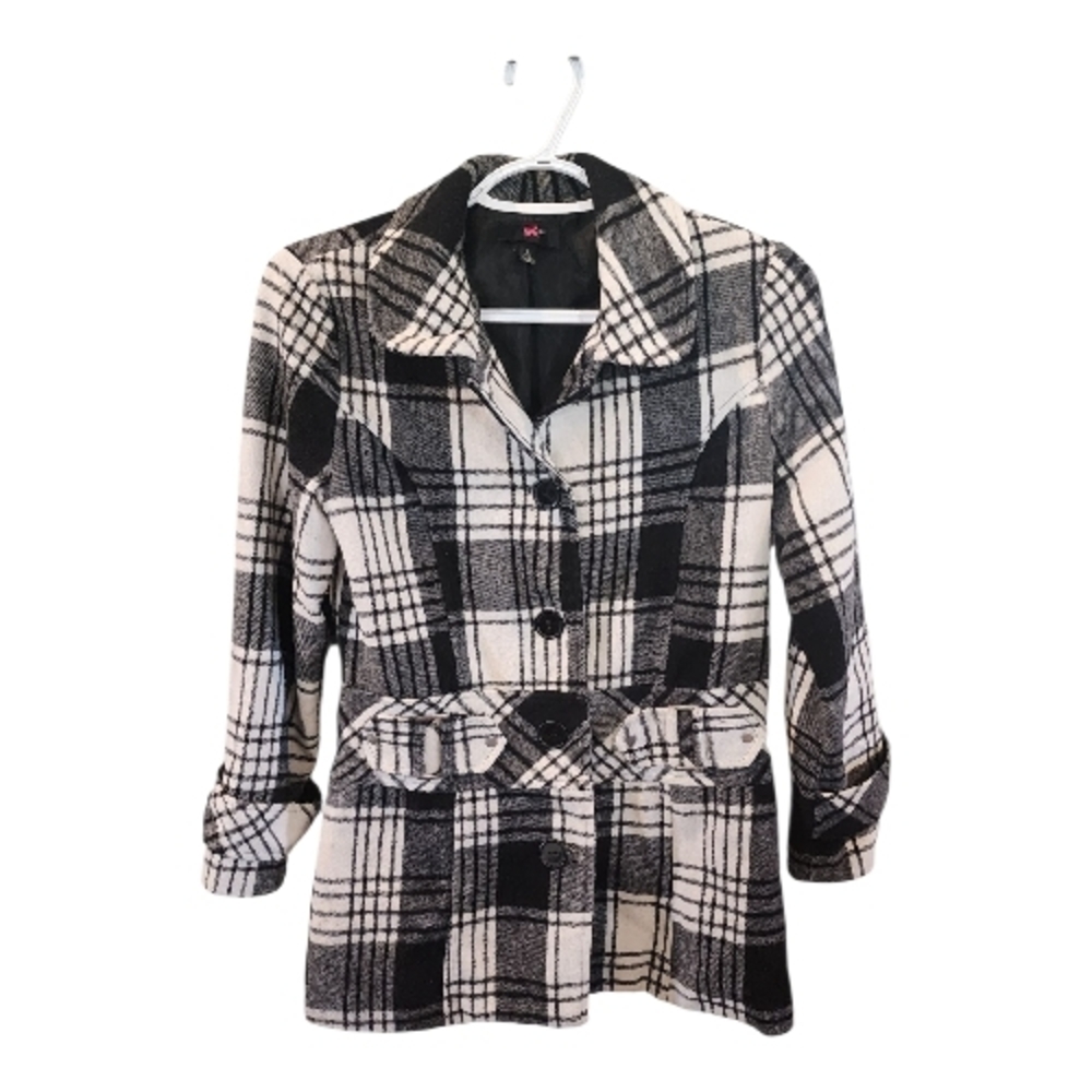 Iz Byer Black and White Plaid Pea Coat